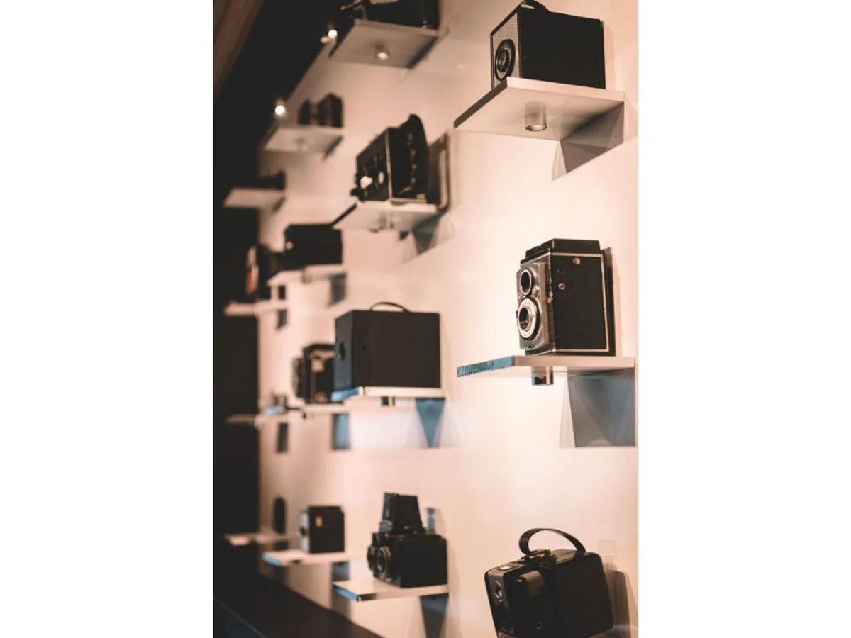 A nostalgic nook lined with vintage cameras and shelves against a rich-toned wall, evoking a sense of photography appreciation and artistic exploration. The space is perfect for storytelling and engaging with the history of visual art.